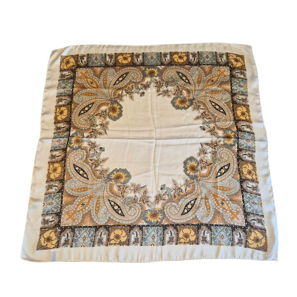 Vintage Style Paisley Floral Square Satin Scarf Earth Tones Cream Gold 26x26